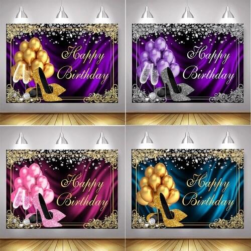 Happy Birthday Party Backdrop for Adult Woman Diamond Balloons Cheers Birthday Photo Background Glitter High Heels Photography