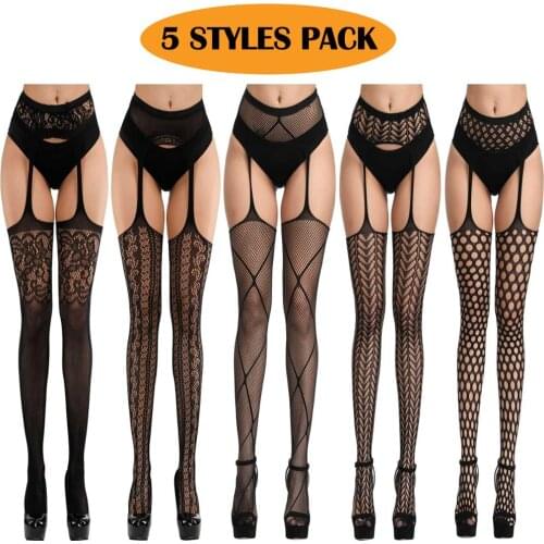 Womens 5 Styles Pack Fishnet Tights Suspender Pantyhouse Stockings High Waist Sexy Net Legging Gift For Girlfriend