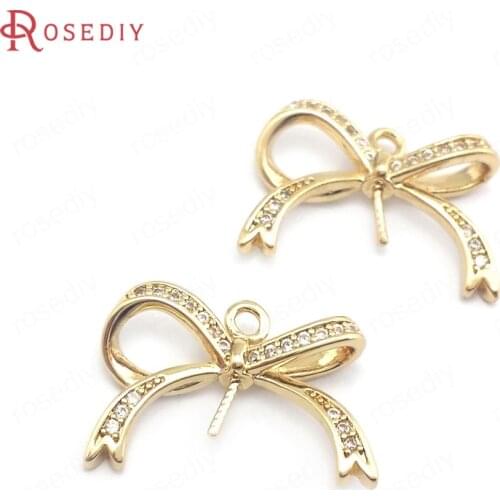 40112)6PCS 14x18MM 24K Champagne Gold Color Brass and Zircon with Half Pin Bow Charms Pendants Jewelry Making Supplies Findings