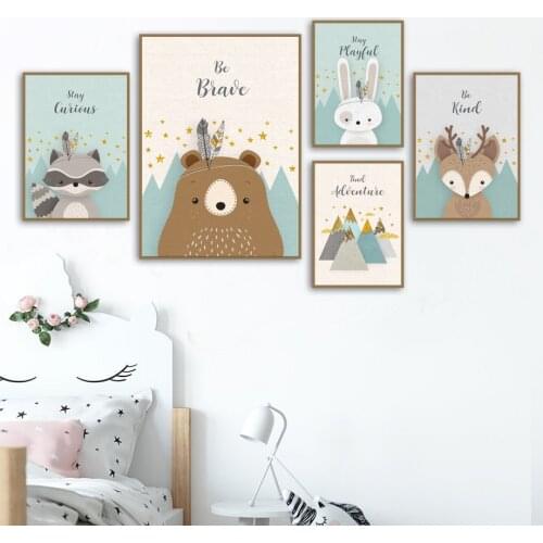 Bear Rabbit Fox Deer Nursery Wall Art Canvas Painting Cartoon Nordic Posters And Prints Wall Pictures Girl Boy Kids Room Decor