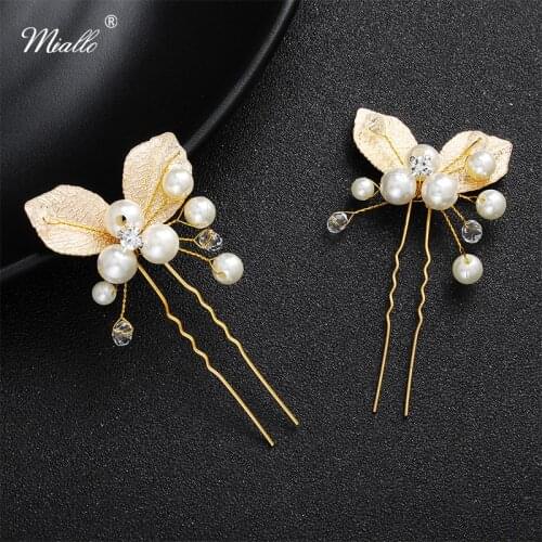 Miallo Newest 2 Pcs/Lot Gold Color Handmade Bridal Hairpins Clips Crystal Pearls Wedding Hair Accessories for Bride