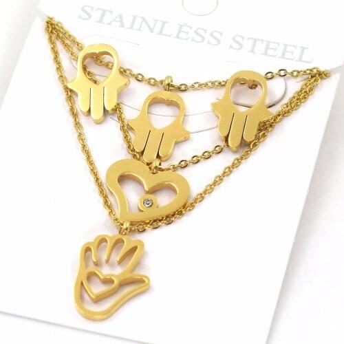 Cute necklace free earring Stainless Steel Party gift,Three layers Hamsa Heart Love Zircon palm Pendant Necklace Set EV-G137