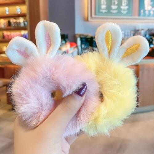 1pc Cute Sweet Imitation Rabbit Fur Rabbit Ears Elastic Hair Bands Fluffy Candy Color Plush Hair Accessories Girls Women