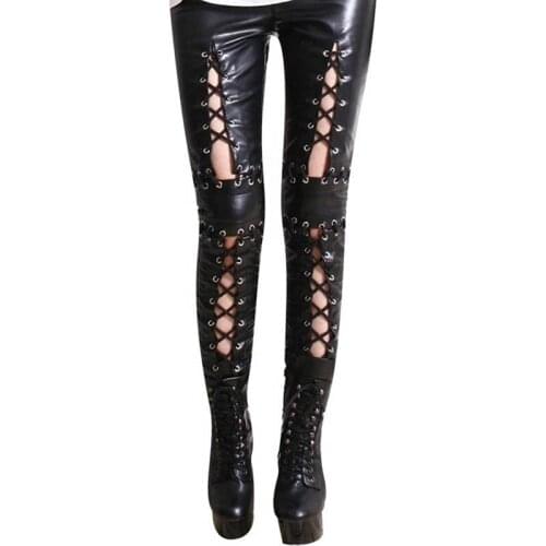 Fashion Punk-rock PU Leather Pencil Pants for Women Black Bandage Hollow Out PVC Faux Leather Pants Trousers Party Club Leggings