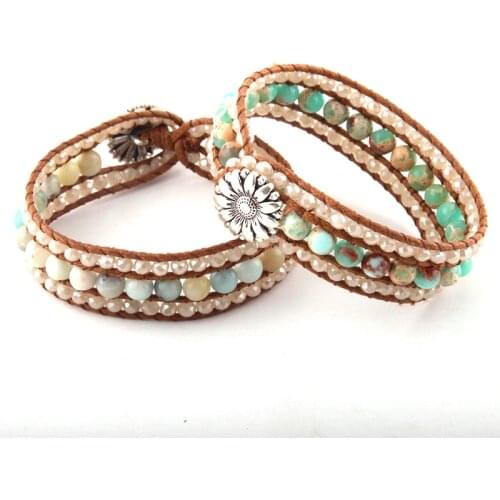 Fashion Beautiful Energy Beaded Jewelry Bracelet Handmade Beige Crystal Glass and Blue Stone Wrap Bracelets Bangles Drop Ship