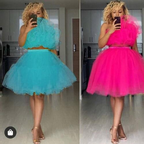 Ins Fashion 2 Pieces Party Formal Dresses Sky Blue Women Short Puffy Tull Knee Length Party Dresses