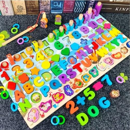Montessori Educational Wooden Toys Children Busy Board Math Fishing Childrens Wooden Preschool Montessori Toy Counting Geometry