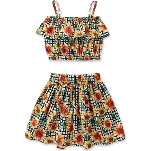 1-6Y Fashion Toddler Kids Girls Summer Sunflower Clothing Sets Casual Sleeveless Ruffles Tank Tops+Skirt Outfits