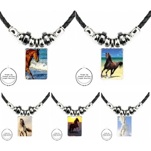 Wild Horses Running At Sunset Glass Jewelry Black Leather Bead Pendant Glass Cabochon Choker Necklace For Schoolgirl Maxi