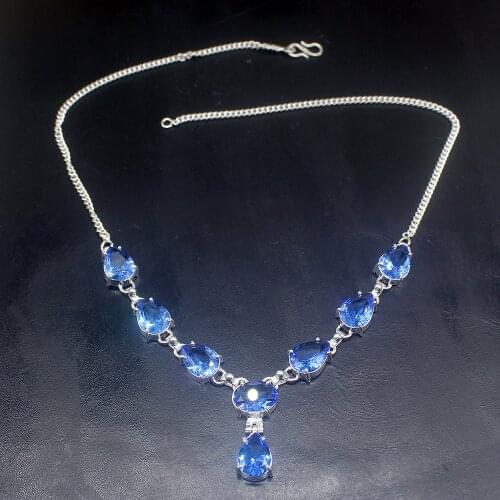 Gemstonefactory Jewelry Big Promotion 925 Silver Glowing Shiny Ocean Blue Topaz Women Chain Necklace 48cm 202101417