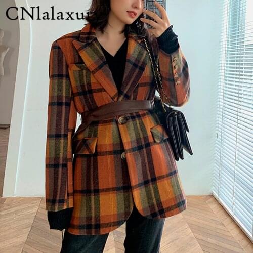 New Winter Women Woolen Plaid Blazer feminino Vintage Slim Suit With Belt Ladies Tweed Jacket Female Wool Coat Outerwear Tops