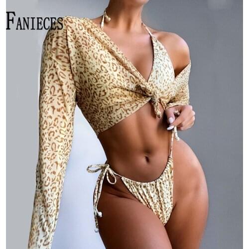 FANIECES Sexy Leopard Print Mesh Three Pieces Bikini Set Women Swimsuit Long Sleeve Cover-up Female Laced Up Brazilian Biquini