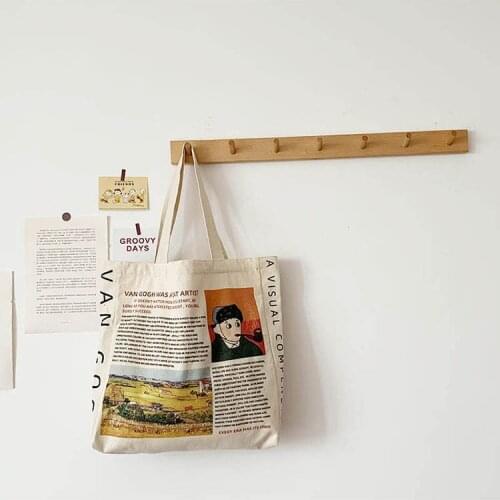 Korean INS Large Canvas Tote Shopper Bags for Women Vintage Letters Flower Van Gogh Storage Handbags Students Book Bag New 2021