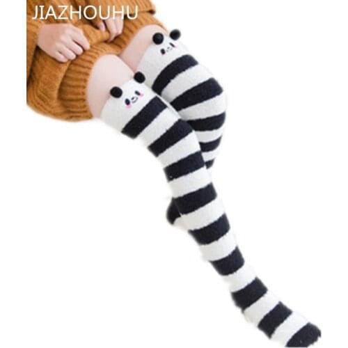 Animal Thermal Modeling Stockings Women Soft Coral Fleece Knee Socks Girls Cute Bows Striped Cozy Female Long Thigh High Socks