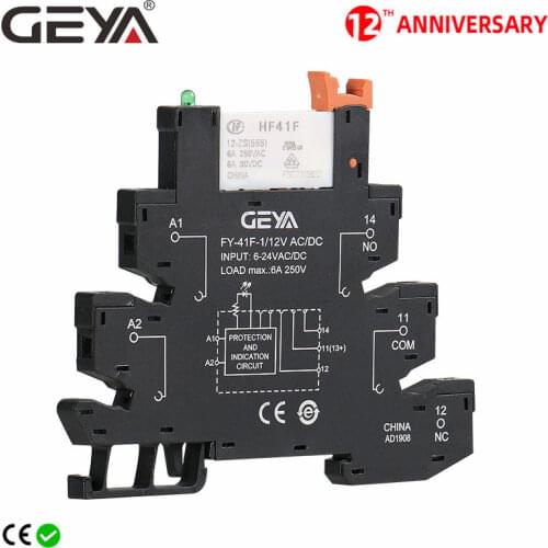 GEYA Slim Relay Module Protection Circuit 6A Relay 12VDC/AC or 24VDC/AC OR 230VAC Relay Socket 6.2mm thickness