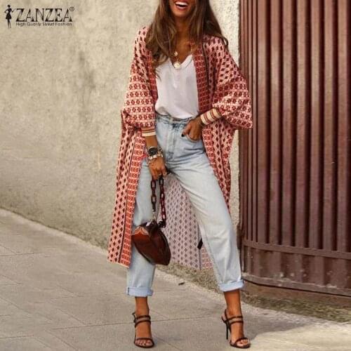 Female Long Tops Oversized Cover Up Blouse Women Elegant Printed Full Puff Sleeve Kimono ZANZEA Bohemian Holiday Party Cardigan