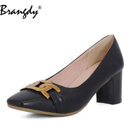 Brangdy Sexy Design New High Heels Woman Pumps 6CM Square Toe Round Heel Women Shoes Elegant Black White Wedding Pump size 45