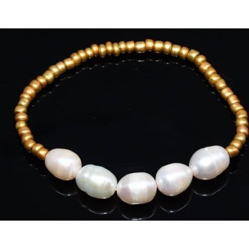 2020 New Arrival Simple Beaded Bracelet Gold Color Glass Beads Real Freshwater Pearl Elastic Bracelet for Women Accessories