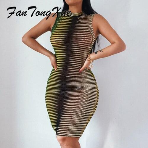 Sexy Dress for Women Summer Colorblock Striped Mesh Perspective Vintage Dress Women Sheath Sleeveless O-neck Mini Dresses