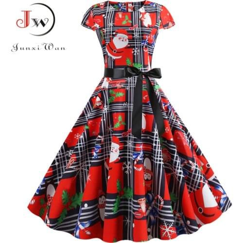 Elegant Women Christmas Dress Santa Claus Plaid Print Short Sleeve Winter pin up Vintage Xmas Party Midi Dresses Robe Plus Size