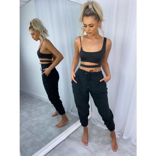 Winter Women Joggers Trousers Plus Size Solid Color Lace-up Soft Warm Home Fleece Pants Casual Furry Plush Sweatpants