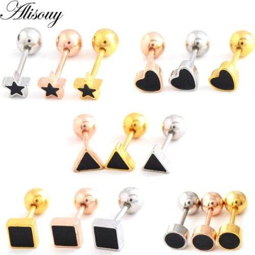 Alisouy 2pc fashion Star Triangle Square Round Heart enamel Ear Stud Earrings Women Men Stainless Steel Ear Tragus Cartilage