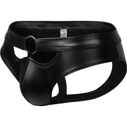 Faux Leather Mens Briefs Sexy Underwear Penis Pouch PU Hollow Open Butt Backless Jockstrap Erotic Underpants Panties Stage Wear