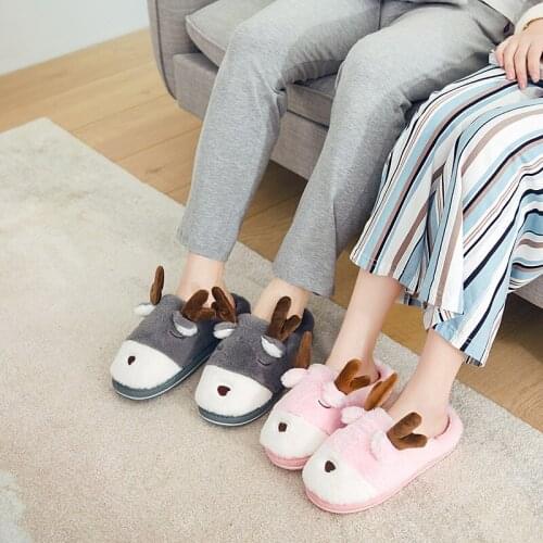 4 color Cartoon Winter Plush Warm Indoor Floor Cotton Women Slippers Printed Animals Deer Cute Couple Boys Girls Non-slip Shoes