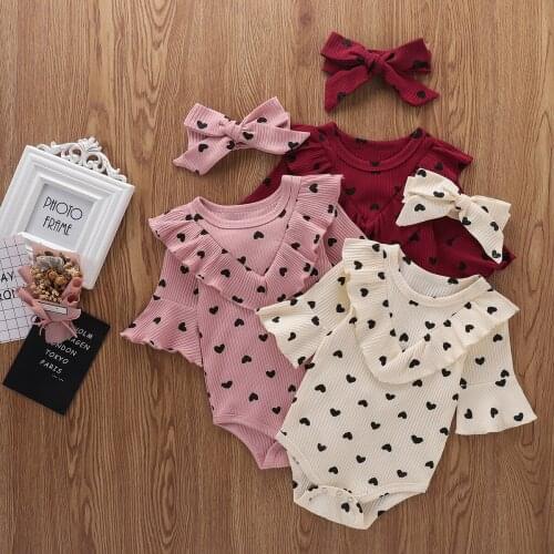 0-24M Newborn Baby Girls Clothes Bodysuits Love Heart Print Knit Flare Sleeve Jumpsuits Valentines Day Jumpsuits