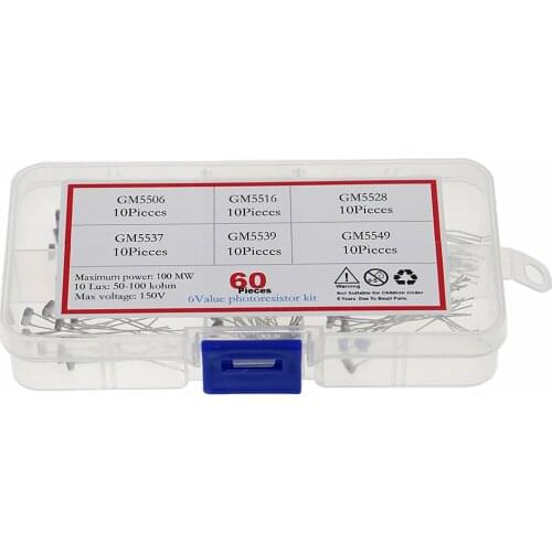 60pcs/BOX 6value GL5506 GL5516 GL5528 GL5537GL5539 GL5549 PhotoResistor kit set Sample Assort Photosensitive Resistance