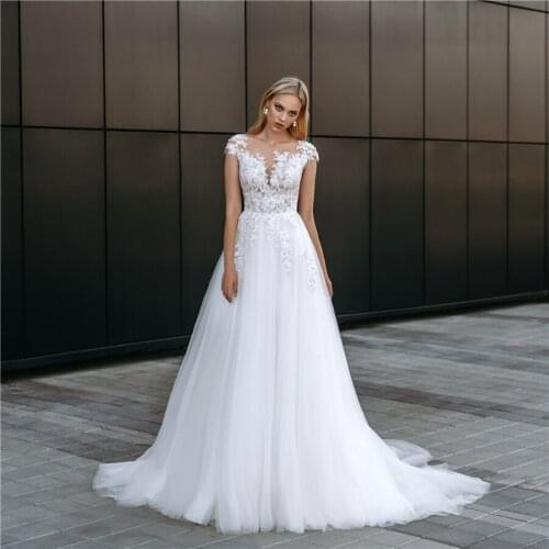 Cap Sleeves Lace Applique Wedding Dress Illusion White Full Tulle Skirt Bridal Dress with Button Back