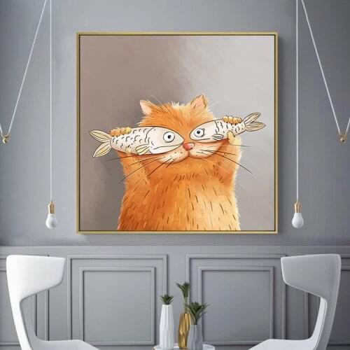 Cute Cartoon Cat Posters and Prints Japanese Fish and Cat Canvas Paintings Modern Living Room Bedroom Wall Decorative Pictures