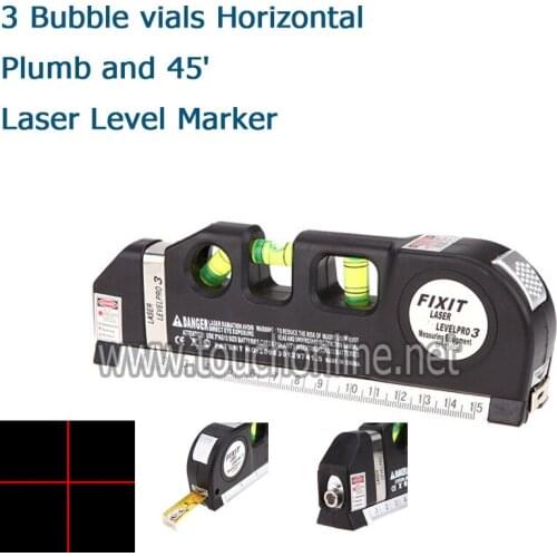 Multifunctional Laser Level Marker W/250cm Measuring Tape 3 Bubble vials Horizontal ,Plumb and 45' LV03