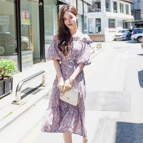 Fashion women elegant korean chiffon dress new arrival sexy temperament off shoulder wild party girls print beach a-line dress