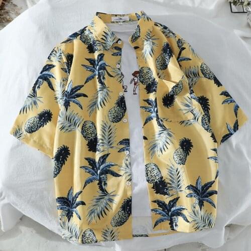 Mens Shirt Cool Tropical Pineapple Printed Casual Turn Down Collar Short Sleeve Shirts
