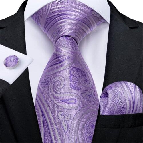 Mens Tie Purple Paisley Silk Wedding Tie For Men Party Business Fashion Necktie Hanky Gravata Set DiBanGu New Design SJT-7292