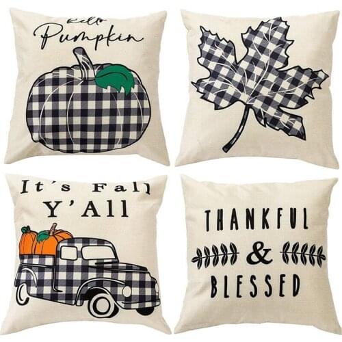 Fall Pillow Covers, 18X18 Inch Buffalo Check Plaid Pumpkin Throw Pillow Cases for Fall Decorations, Thanksgiving Decors