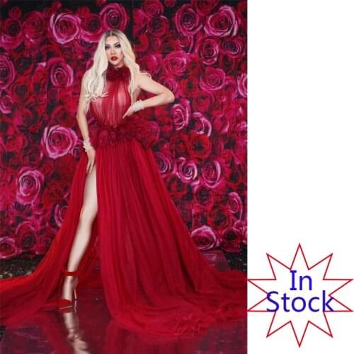 New Red Flowers See Through Dress Birthday Celebrate Dress Evening Bar Singer Show Stage Outfit Dance Long Dress