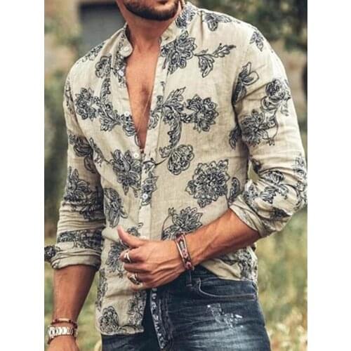 Floral Shirt Button Up Shirt Men Casual Beach Slim Long Sleeves Clothing Floral Single Breasted Cotton Linen Cardigan Men Shirt
