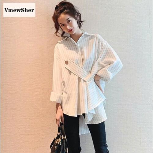 VmewSher New Spring Chic Irregular Women Shirt Striped Long Sleeve Buckle Waist Summer Fashion Office Lady Elegant Tops Blouse