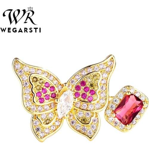 WEGARSTI Silver 925 Jewelry Created Ruby Butterfly Finger Rings For Women Open Adjustable Wedding Statement Jewelry Free Size