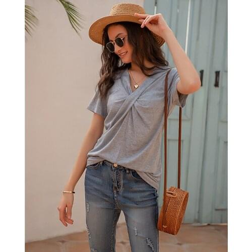 Summer New Casual T Shirt Twisted Knotted Clothe Casual V-Neck Loose Women Short Sleeve Oversize Top Streetwear Solid Color Lady
