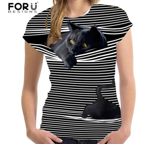 FORUDESIGNS 3D Cute Cats Pattern Female T shirt Short Sleeved Clothing Summer Breathable Elastic Tee Tops Women Basic Shirts