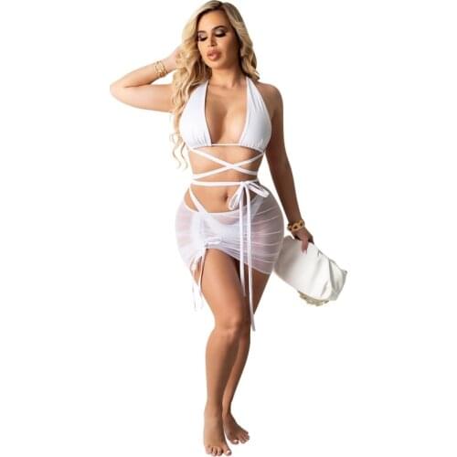 Bikini Swimsuit Women 3 Piece Set Bandage Bra Panties And Mesh Skirt Suits Summer New Solid Sexy Beach Swimwear Skirt Bikini Set