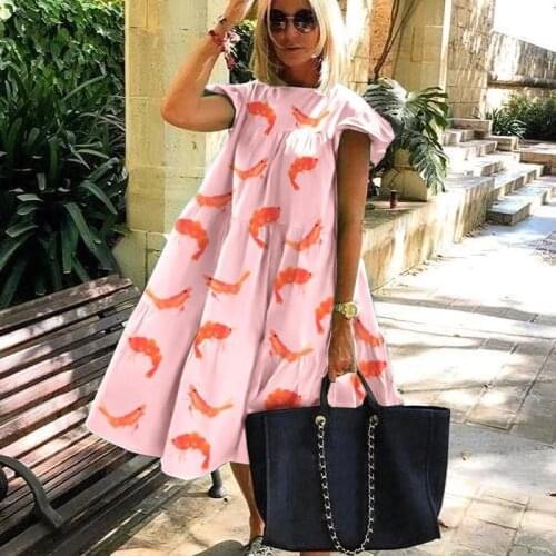 Women Dresses Summer 2020 New Shrimp Print Loose Casual Dress Butterfly Sleeved Mid Long Sweet Holiday Dress 2XL Women Robe