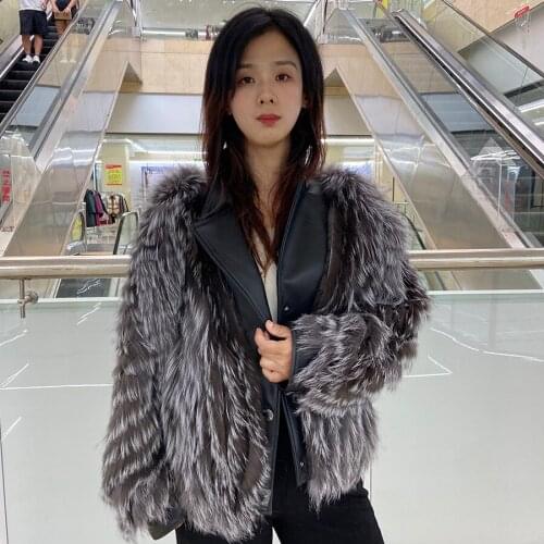 Natural Silver Fox Fur Coat Sheepskin Collar Winter Warm Thick Fur Overvoat Women High Quality Outwear