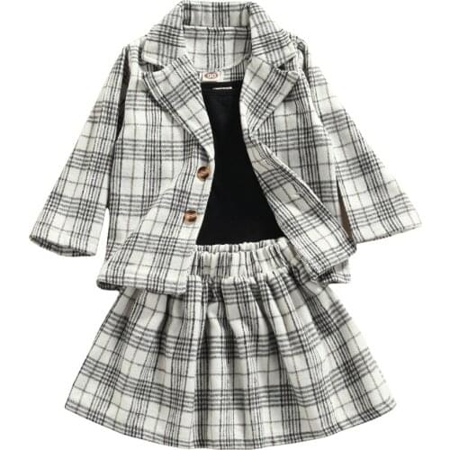 Infant Kids Baby Girls 3Pcs Clothes Set Sleeveless Vest Long Sleeve Coat Skirts Plaid Spring Autumn Outfits