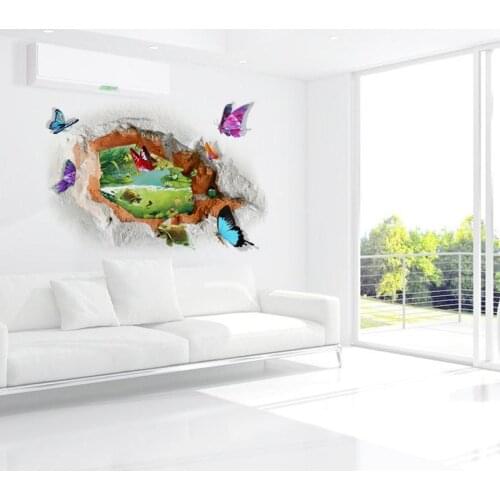 3D Hole View Butterfly Wall Stickers PVC Wall Decals/Adhesive Beautiful Pond Wallpaper Door Vinyl Decals for Living Room Bedroom