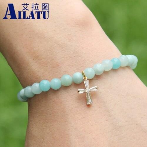 Ailatu New Womens Jewelry 6mm Natural Amazon Stone Beads Micro Clear Zircons Cross Cz Beads Bracelet