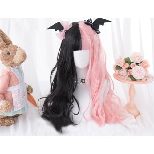 COYOUNG Store Lolita 60CM Long Wavy Black Mixed Pink Bangs Cute Synthetic Heat Cosplay Wig Halloween Costume Party +free Wig Cap